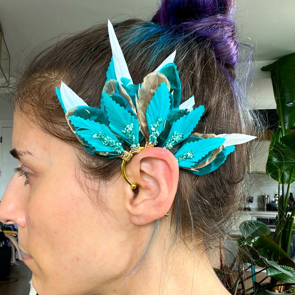 Real pheasant feather ear cuff in teal turquoise, for the left ear